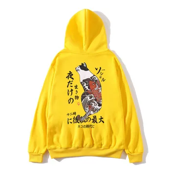 Sonbahar hip hop Gevşek Rahat Hoodies Ter Erkekler Japon kedi Karikatür baskı Üniversite Öğrencileri kazak Tişörtü