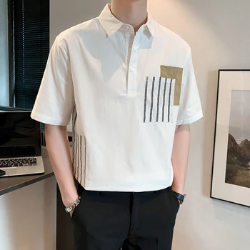 Yaz Eklenmiş Çizgili Baskı Kısa Kollu Erkek Polo Tişörtü Kore Moda İş Rahat Harajuku Büyük Boy T Shirt Beyaz