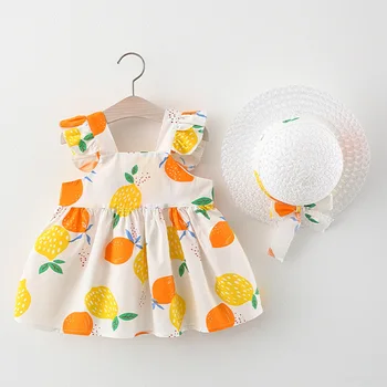 2021 Yaz Bebek Kız Elbise Bebek Rahat Plaj Yay Baskı Sundress Yenidoğan Giysileri Bebek Prenses Elbise + Şapka Kıyafetler