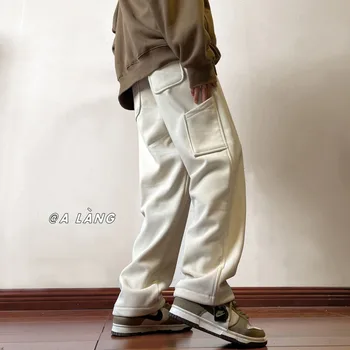 Kış Peluş Kalın Kadife Pantolon Erkekler Sıcak Moda Cep Kargo Pantolon Erkekler Japon Streetwear Gevşek Düz Pantolon Erkek Pantolon