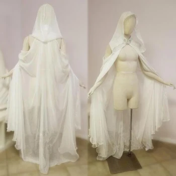 Zarif Şifon Pelerin Kapşonlu Düğün Pelerin Ceket Beyaz / Fildişi / Uzun Gelin Pelerin Zarif Gelin Şal Balo Parti Elbise Aksesuarları