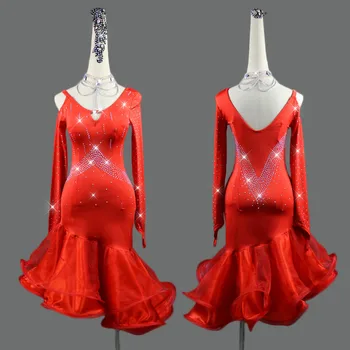 Kırmızı Latin Dans Elbise Kadın Rekabet Elbiseler Sineklik Elbise Salsa Elbise High-end Özel Sıkı Rhinestone Latin dans kostümü