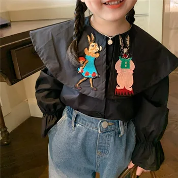 2846B Bebek Kız Gömlek 2022 Sonbahar Kore Uzun Kollu Karikatür Nakış kız çocuk gömleği Büyük Yaka Sevimli Kız Bebek Gömlek Bluz Tops