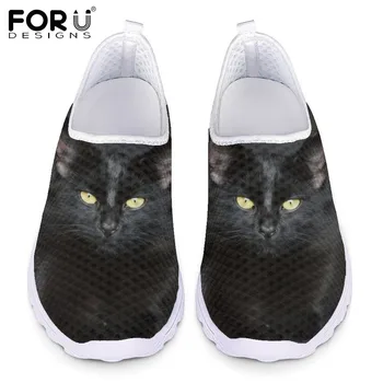 FORUDESIGNS Siyah Kedi Hayvan Baskı Kadın Flats Ayakkabı Nefes Hafif Bayanlar Yaz Açık Ayakkabı rahat ayakkabılar