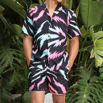 Erkekler Yüksek Kaliteli Hawaii Setleri Yaz Dalgalanma Baskı Kısa Kollu Gömlek Plaj Düğme Şort Streetwear Tatil Erkek İki Parçalı Takım Elbise