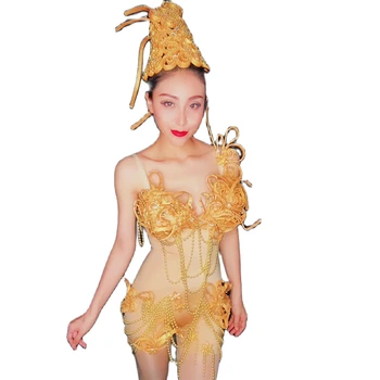 Altın Spagetti Kayışı Seksi Parlayan İnciler Rhinestones Kadın Bodysuits Headdress İle Gece Kulübü DJ Kostümleri Sürükle Kraliçe Giyim