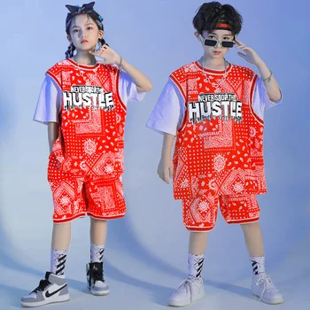 Çocuk Kpop Hip Hop Giyim Kırmızı Baskı Büyük Boy T Shirt Harajuku Üst Yaz Şort Kız Erkek Caz dans kostümü Giysi Seti