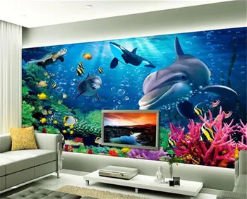 Özel sıcak yatak odası düğün odası oturma odası TV arka plan duvar kağıdı 3D sualtı dünyası Yunus dekoratif boyama