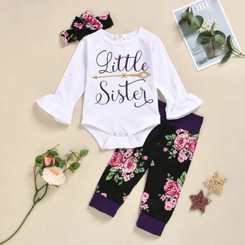 Yenidoğan Bebek Kız Giysileri Bebek Bebek Kız Setleri Küçük Kardeş Bodysuit + Çiçek Baskı Pantolon Bebek Kız Kıyafetler