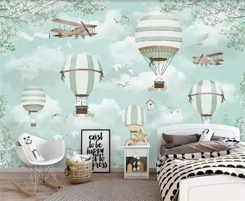 Özelleştirilmiş çocuk odası arka plan duvar 3d duvar kağıdı mavi gökyüzü beyaz bulutlar sıcak hava balon uçak hayvan köpek duvar kağıdı