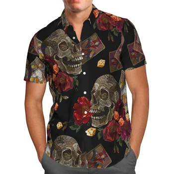 Kafatası Baskı Kısa Kollu Gömlek Erkekler İçin Gevşek Hırka Düğme Gömlek Artı Boyutu Hawaii Tarzı Yaz 2021 Havalandırmalı Gömlek-902