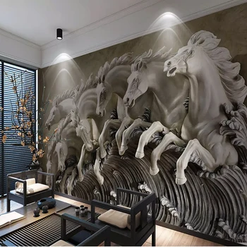 Özel Fotoğraf Duvar Kağıtları 3D Kabartmalı At Dörtnala Resimleri Avrupa Tarzı Oturma Odası Zemin duvar bezi Sanat Papel De Parede 3D