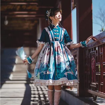 Yüksek bel ayrılabilir kollu viktorya dönemi tarzı elbise Çin tarzı lolita elbise standı kurbağa falbala ilmek sevimli baskı kawaii elbise