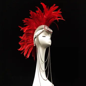 Kırmızı Tüy Kristaller Headdress Aksesuarları Gece Kulübü Kadın Şarkıcı Dansçı Performans Sahne Giyim Modeli Podyum Gösterisi Prop Kostüm
