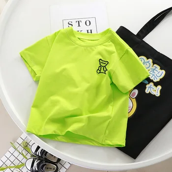 Yaz Moda Streç Pamuk İşlemeli Ayı T-Shirt Bebek Erkek Kız Düz Renk O-Boyun Tee çocuk Bebek Sevimli Giyim