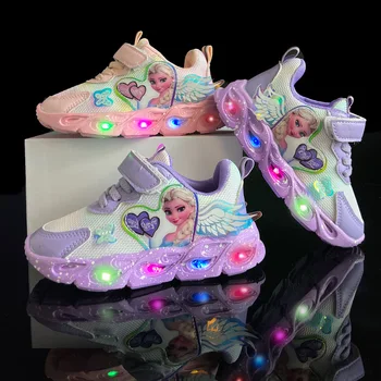 Moda Disney Yeni Dondurulmuş Sisters İlk Yürüyüşe Sevimli Güzel Bebek Kız Ayakkabı Spor LED İşıklı Toddlers Bebek Tenis Sneakers