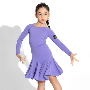 Latin Dans Elbise Çocuk Kız Mor Balo Salonu Elbise Uzun Kollu Rekabet Giyim Cha Cha Eğitim Uygulama Elbise Kış BL7617