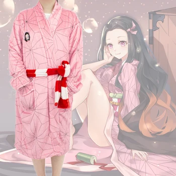 Iblis avcısı Kamado Nezuko Cosplay Kostüm Yetişkin Unisex Pazen Peluş Kigurumi Pijama Bornoz