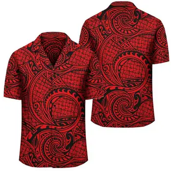 Yeni erkek Hawaii Gömlek Polinezyası Totem Dövme Kırmızı 3D Üstleri Küba Tarzı Plaj Yaz Kısa Kollu Büyük Boy erkek giyim Tatil