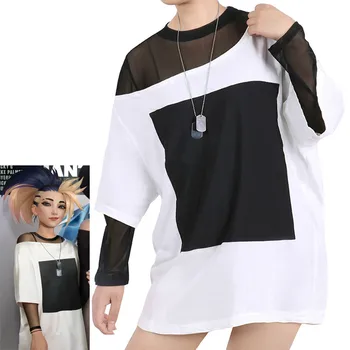 3 adet Cosplay KDA Akali Kostüm Yeni Varış Yetişkin Kadın Gevşek off-omuz beyaz tişört + Kolye Cadılar Bayramı Kostümleri C115M29
