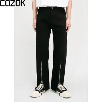 Yüksek Sokak Koyu Siyah Kot Pantolon Erkekler Harajuku Streetwear Ön fermuar Kot Pantolon Kadın Gevşek Rahat düz pantolon Sonbahar 2022