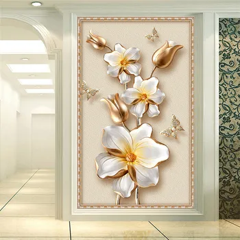 3D Stereoskopik Lüks Altın Çiçek Takı Fotoğraf Duvar Kağıdı Avrupa Tarzı Otel Oturma Odası Giriş Zemin Duvar Kağıtları