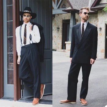2 Parça Siyah Erkek Takım Elbise Modern Gevşek Stil Custom Made Yakışıklı Düğün Takımları Kruvaze Resmi Iş Ceket + pantolon