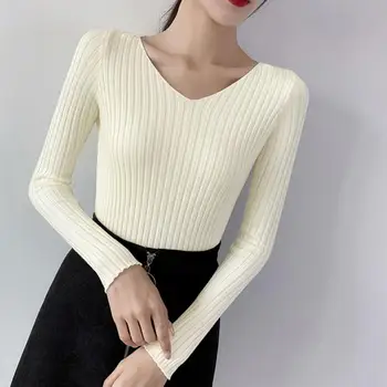Kadın Kazak Uzun Kollu Düz Renk V Yaka Kazak Nervürlü Dip Gömlek Giyim Kazak Bayan Jumper Sonbahar Kış