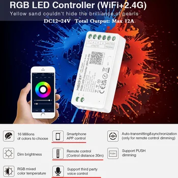 Yeni varış RGB LED Denetleyici DC 12V 24V 2.4 G WiFi APP Uzaktan RF Kablosuz Ses Kontrolü Akıllı Müzik Dimmer Toplam Çıkış Max 12A